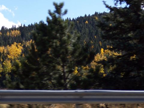 1972 Ford Ranchero - Mountain landscape with pine and deciduous trees showing fall colors.