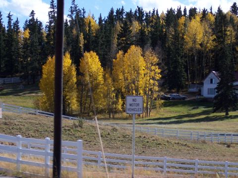 1972 Ford Ranchero - A rural scene with two cars parked near a house, surrounded by autumn foliage and a white fence.