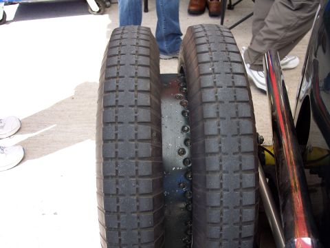 1971 Ford Mustang - Close-up view of dual rear tires, suggesting a heavy-duty or specialized vehicle.