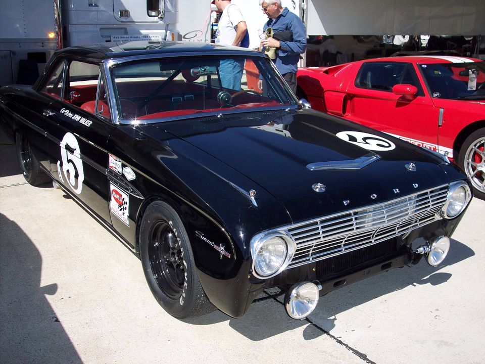 Black 1963 Ford Falcon race car with number 5 on hood and door