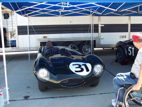 1971 Ford Mustang - A dark green vintage race car with the number 31 is parked under a canopy next to another race car.