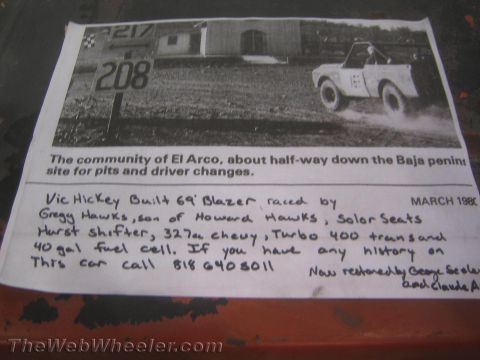 1990 Ford Bronco - Photo of a magazine clipping and handwritten note describing a Vic Hickey-built 1969 Blazer raced by Gregg Hawks.