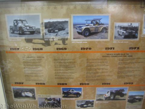 1990 Ford Bronco - framed timeline poster of Tecate SCORE Baja overall champions showing vintage off-road race vehicle photos arranged across years from 1967…