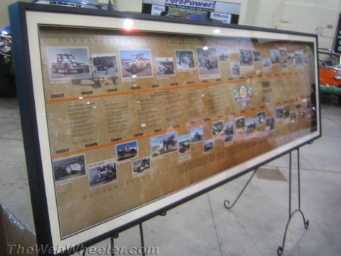 1990 Ford Bronco - Photo of a framed timeline display board showing decades of off-road racing history with small vehicle photos.