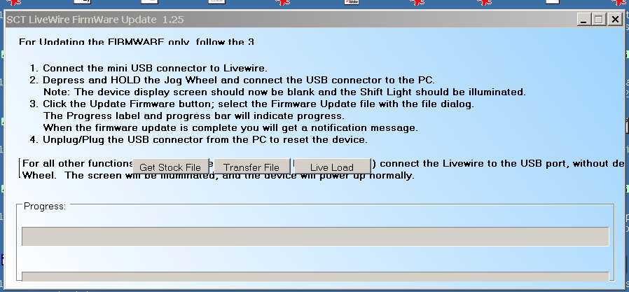 SCT LiveWire firmware update screen showing connection and update instructions