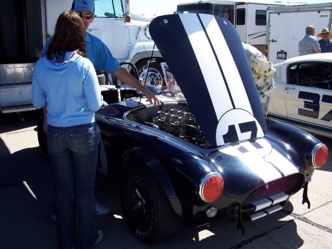 1971 Ford Mustang - A dark blue race car with white stripes and the number 15 is displayed with its hood open, revealing the engine.