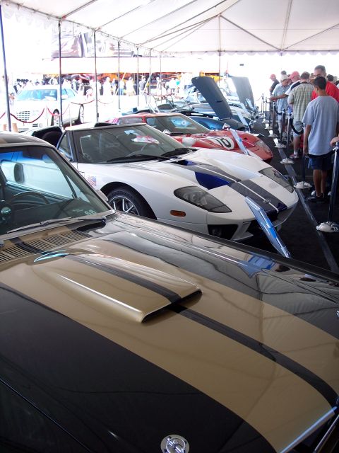 1971 Ford Mustang - Several sports cars are displayed under a tent, with spectators in the background.
