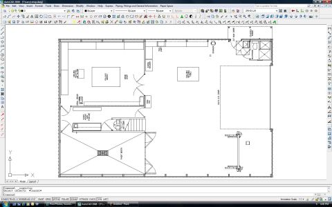 1965 Ford Mustang - AutoCAD screenshot showing a dimensioned building floor plan with rooms, stairs, and equipment placement.