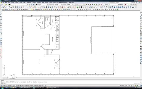 1965 Ford Mustang - AutoCAD screenshot showing a dimensioned building floor plan with rooms, bathroom, stairs, and a large open shop area.