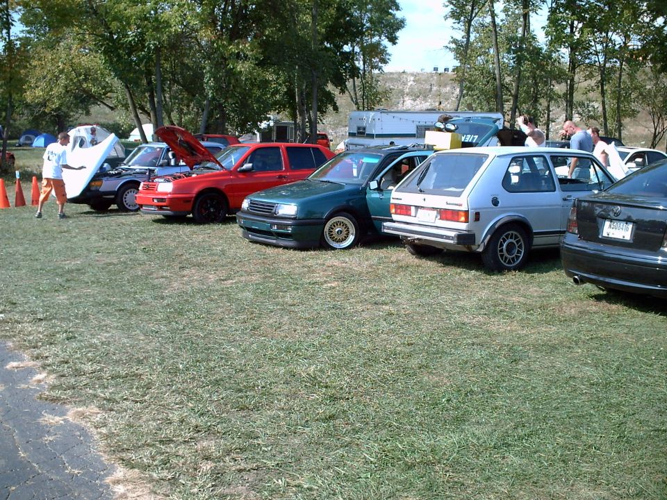 Several cars parked on grass, some with hoods open, under trees