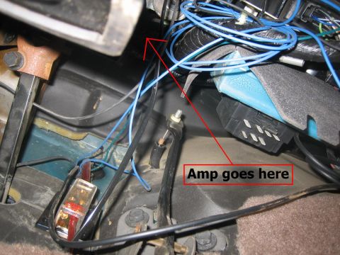 1995 Ford Bronco - The interior wiring of a 1995 Ford Bronco is shown, with a label indicating where an amplifier should be installed.