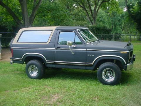 1984 Ford Bronco - A dark gray Ford Bronco with a tan top is parked on a grassy lawn with trees in the background.