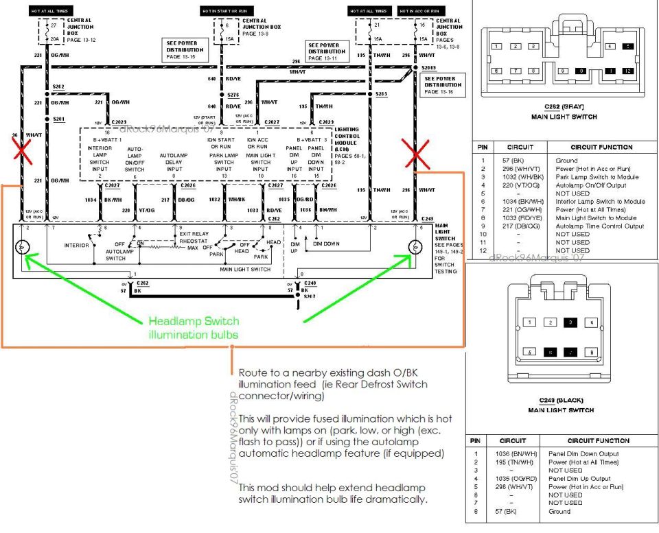 Modifying the headlamp switch wiring on 95-02s to illuminate when lamps are on, versus hot in acc/run