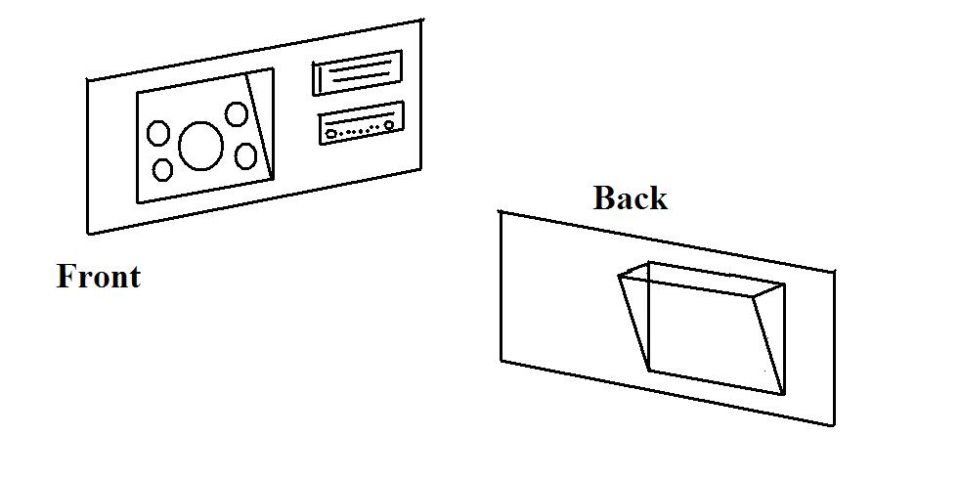Line drawing showing front and back views of a dash radio bezel panel