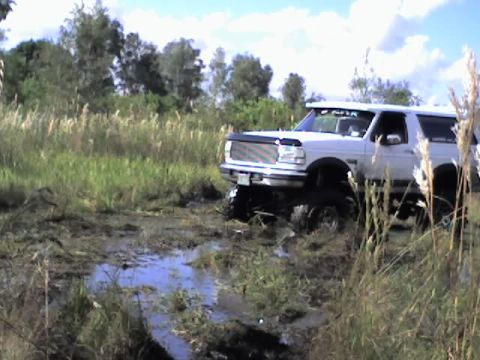 1995 Ford Bronco - A white 1995 Ford Bronco navigates a muddy off-road trail, with tall grass and trees in the background.