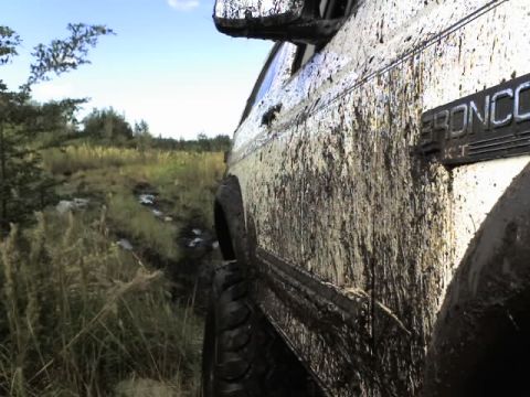 1995 Ford Bronco - This Bronco XT is covered in mud after an off-road adventure through a wet, grassy terrain.