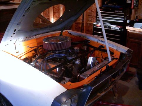 1978 Ford Mustang II - The engine bay of a 1978 Ford Mustang II is open, revealing its engine and orange inner fenders.
