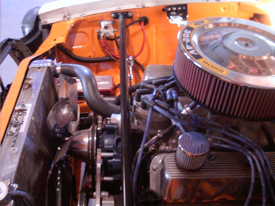 Engine bay with a V8 engine, air filter, radiator, and hoses. Air filter has '302-4V' text