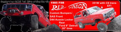 1985 Ford Bronco - This modified 1985 Ford Bronco, nicknamed 'Red Wagon', features custom bumpers, SAS front, and 35-inch tires, ready for off-road adventures.