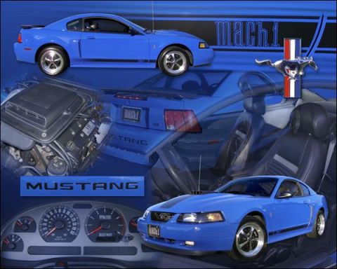 1977 Ford F-150 - This collage displays various angles and components of a blue Ford Mustang Mach 1, including its engine and interior.