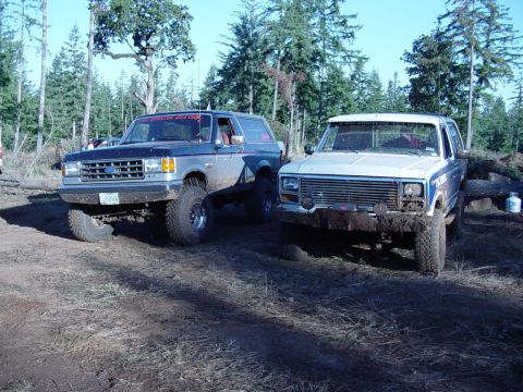1985 Ford Bronco - Two off-road SUVs, a blue Bronco and a white pickup, navigate a muddy trail surrounded by trees.