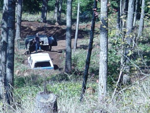 1985 Ford Bronco - Two vehicles are parked in a wooded area, one appears to be a 1985 Ford Bronco.