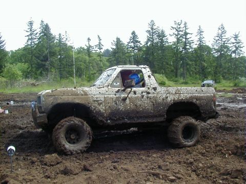 1985 Ford Bronco - This SUV is heavily covered in mud, making its exact model and year difficult to determine with certainty.