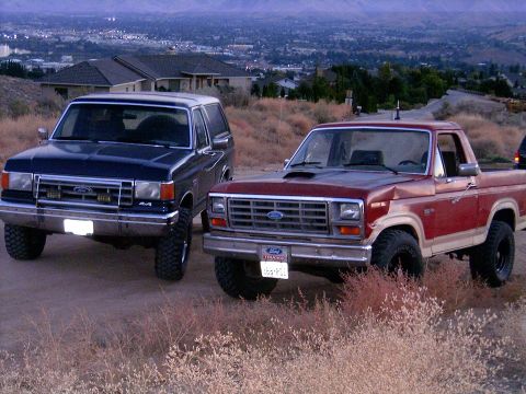 1988 Ford Bronco - Two Ford trucks, a Bronco and an F-Series, are parked on a dirt road with a city in the background.