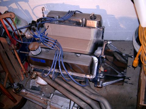 1978 Ford Mustang II - A V8 engine, possibly a Ford, is shown with chrome valve covers and blue spark plug wires.