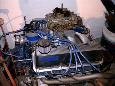 1978 Ford Mustang II - Ford V8 engine assembly, likely a performance build, with prominent "Ford Racing" branding on wires and valve cover.