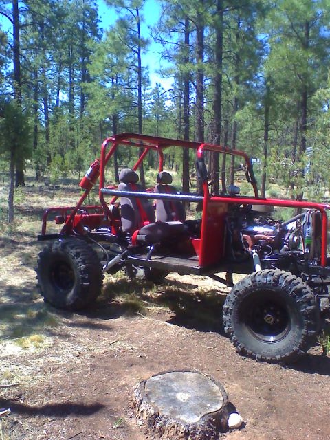 1996 Ford Bronco - Custom red buggy with exposed engine and roll cage sits in a forest clearing.