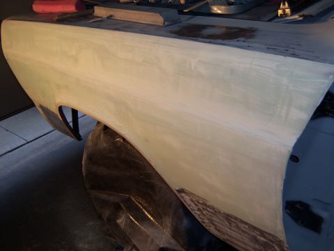 1967 Ford Ranchero - Fender undergoing bodywork, likely preparation for paint.