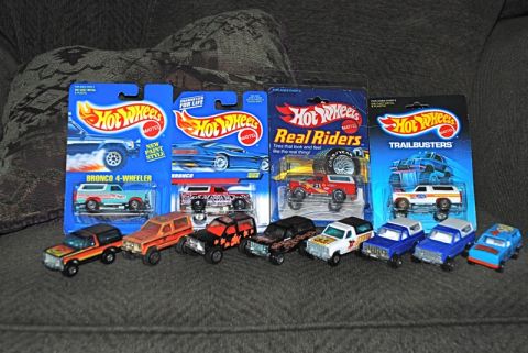 1996 Ford Bronco - Collection of Hot Wheels toy vehicles, some in packaging, various Bronco models.