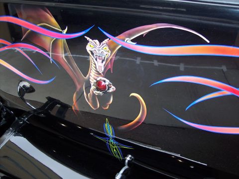 1972 Ford Ranchero - Dragon and flame artwork adorns the side of a black vehicle.