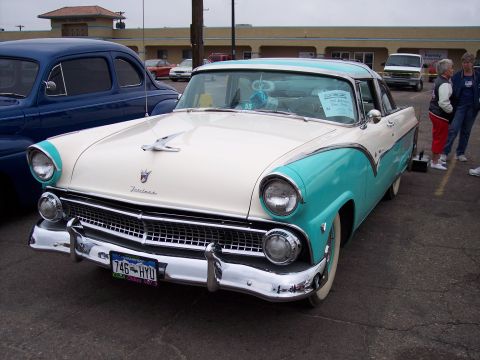 1972 Ford Ranchero - Two-tone 1955 Ford Fairlane Crown Victoria with a blue car in the background.