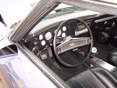 1972 Ford Ranchero - Interior of a car with an SS steering wheel and aftermarket gauges. The year appears to be around 1970.