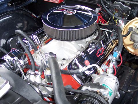 1972 Ford Ranchero - Close-up view of a polished Chevrolet V8 engine, showing various components and chrome accents.