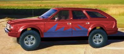 1987 Ford Crown Victoria LTD - This red station wagon has custom blue graphics and appears to be modified for off-road use.