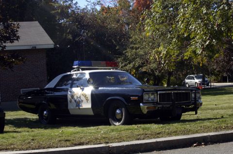 1973 Dodge 1500 - A black and white police car with a light bar is parked on a grassy area next to a building and trees.