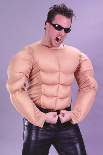 1992 Ford Mustang - A man in a muscle costume and leather pants poses with his fists clenched.