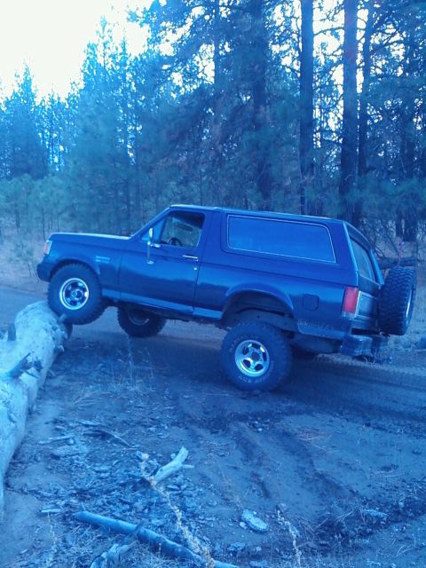 1988 Ford Bronco - Blue full-size Ford Bronco with hardtop, seen from the driver side on a dirt forest road at dusk with its front tire climbing a fallen log.…