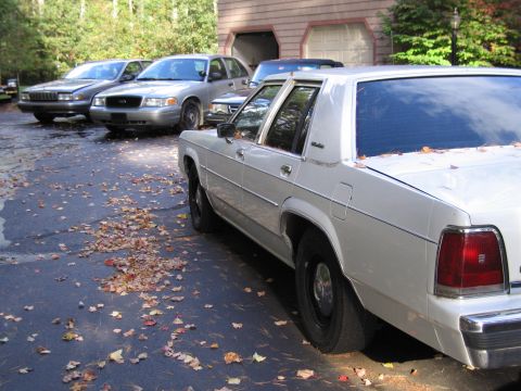 1991 Ford LTD Crown Victoria - Several cars are parked in a driveway on an autumn day, with fallen leaves scattered on the asphalt.