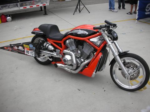 1998 Ford Crown Victoria - A custom Harley Davidson V-Rod motorcycle is parked on concrete, modified for drag racing.