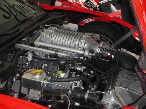 1998 Ford Crown Victoria - Engine bay detail a prominent supercharger and custom cooling system.