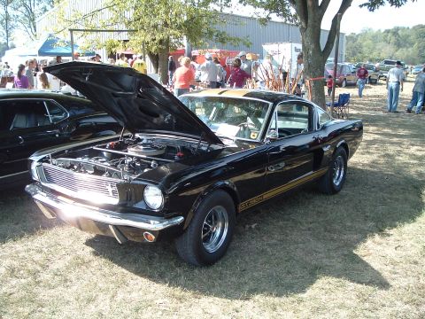 2001 Ford Taurus - A black 1966 Ford Mustang Shelby GT350 is displayed with its hood open at an outdoor car show.