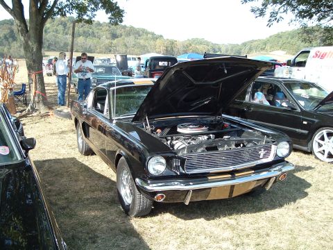 2001 Ford Taurus - A black 1965 Ford Mustang coupe is displayed with its hood open at an outdoor car show.