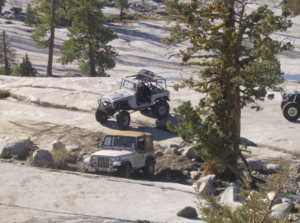 Two Jeeps off-roading on a rocky, tree-lined slope. One Jeep is in the foreground, the other is climbing higher