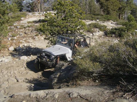 1986 Ford Bronco - This off-road vehicle navigates a challenging rocky terrain with dense foliage.