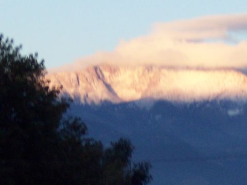 1972 Ford Ranchero - Mountain range catches the last light of the day, with trees partially obscuring the view.