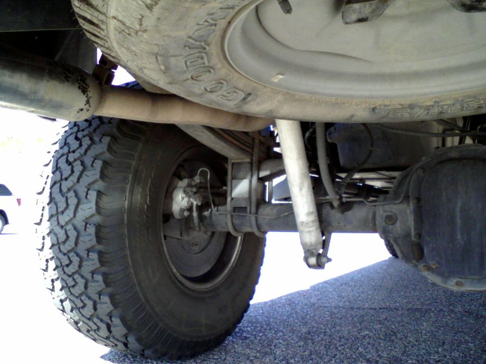 Undercarriage view of a lifted truck's rear axle and suspension